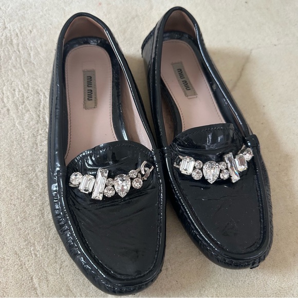 Miu Miu Black Patent Leather Loafers with Crystal...